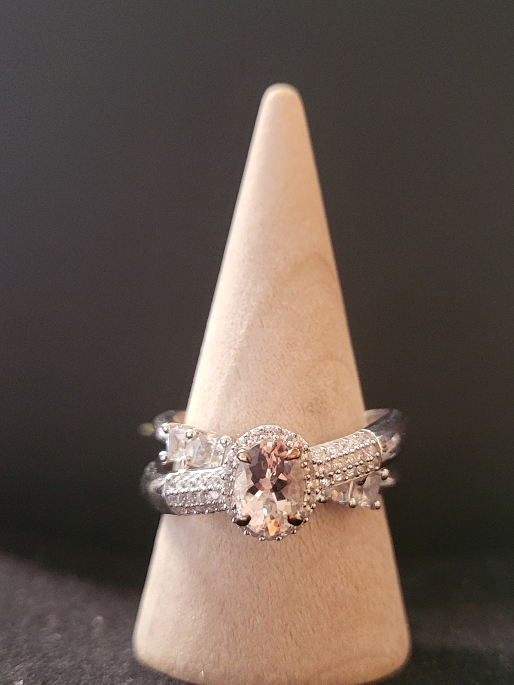 Sterling Silver Morganite Oval Halo Ring with Pavé Accents Size 8